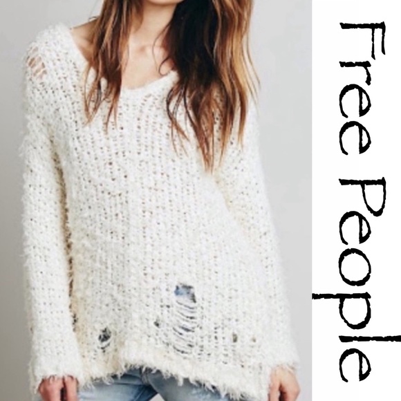 Free People Sweaters - FREE PEOPLE Up The Ladder Ivory Distressed Sweater
